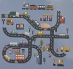Every piece in the On The Road pack, including roads, cars, a train, petrol pumps and traffic lights